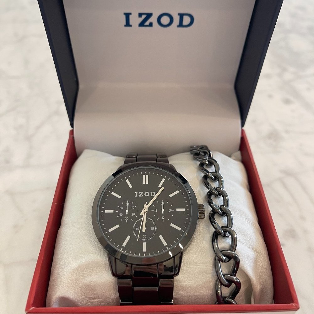 Izod Gunmetal Gray Watch and Link Bracelet Set